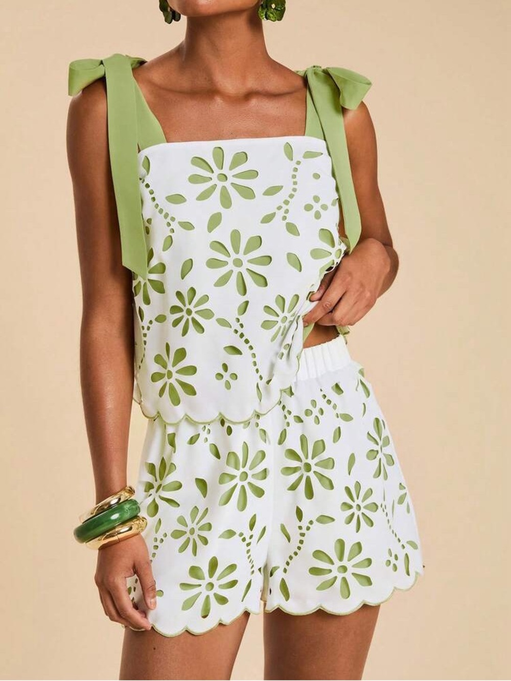 SHEIN White & Light Green Laser-Cut Tie-Shoulder Top + Shorts Set - Never Worn